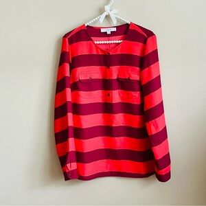 LOFT Vibrant Red and Burgundy Striped Long Sleeve Blouse